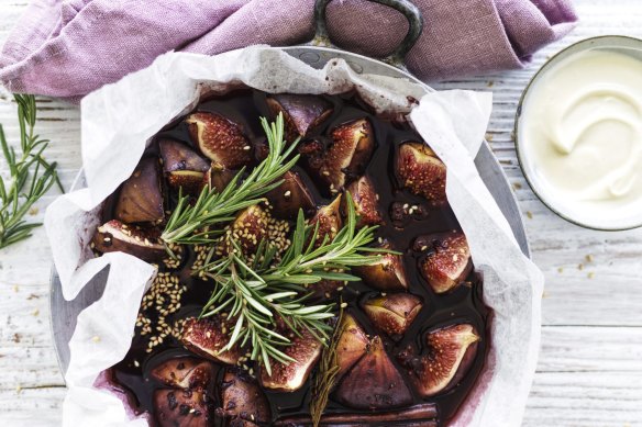 Ripe, fleshy figs, lightly baked in red wine with sweet and creamy yoghurt on the side.