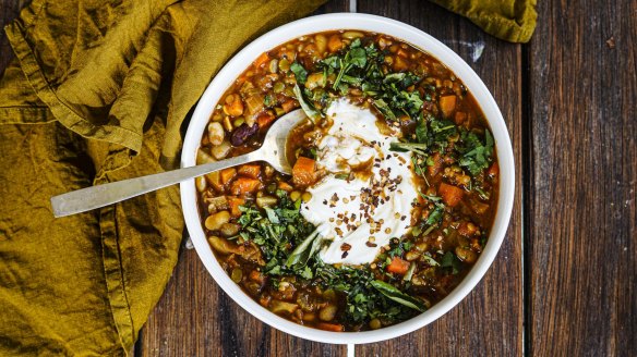 Sri Lankan-spiced lentil and bean soup. Soup recipes for Good Food July 2020. Please credit KatrinaÃÂ Meynink. Good Food use only