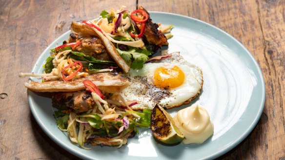 Balinese-style chicken with apple slaw and roti.