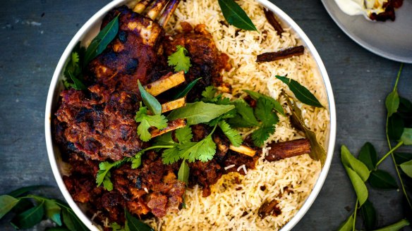 Lamb rib kasoundi with ginger, cardamom and coconut pilaf