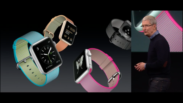 Tim Cook introduces new woven nylon bands for Apple Watch.