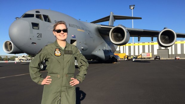 Flying Officer Caitlin Rytenskild with her C-17 Globemaster at Brisbane Airport.