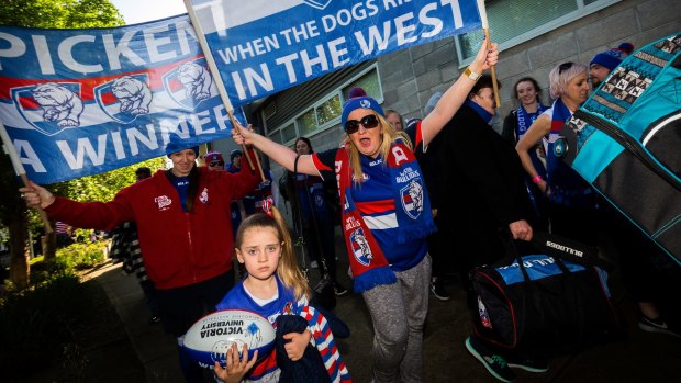 Bulldogs supporter Nicole Moore arrives at Whitten Oval last weekend after a bus trip to Sydney to watch the Doggies' preliminary final defeat of GWS,