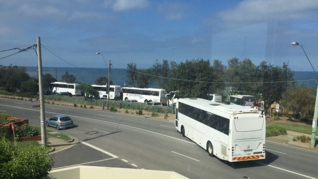 Tour buses arrive at Brighton beach daily. Opponents of the lifesaving club plan say more will come if the expansion proceeds. 