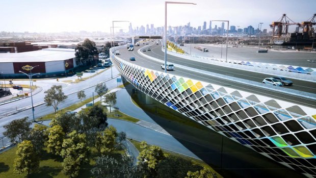 The new elevated freeway to run above Footscray Road. 