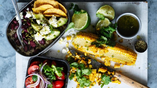 Tex-Mex lunchbox salad with corn chips.
