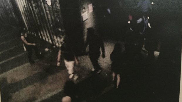 Matthew Leveson (in white shorts) seen in a CCTV still outside ARQ nightclub on the night he disappeared.