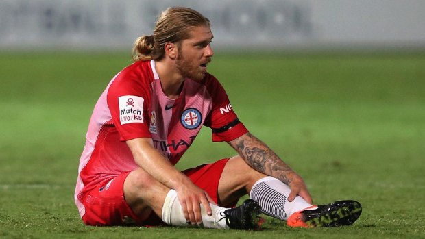 Concussion concerns: Luke Brattan, of Melbourne City, looks dejected after drawing with Central Coast Mariners.