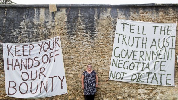 Kim Edward at a protest camp at the site of the axed Norfolk Island Legislative Assembly.