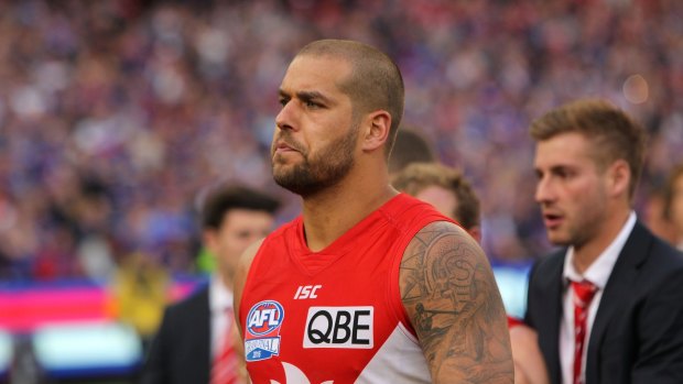 Defeated: Lance Franklin after the Swans' defeat.