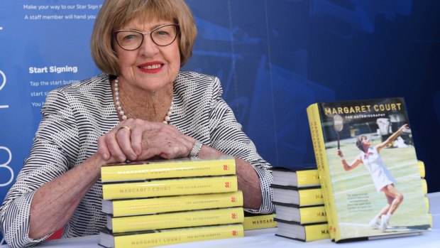 Margaret Court poses with her autobiography at the Australian Open in January.