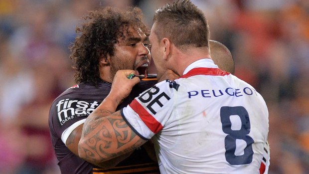 Kiwi baiter: Sam Thaiday and Jared Waerea-Hargreaves square off earlier this month.