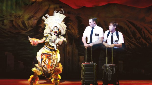 Phyre Hawkins as Mrs. Brown, Ryan Bondy as Elder Price and AJ Holmes as Elder Cunningham in <i>The Book of Mormon</i> at Melbourne's Princess Theatre.