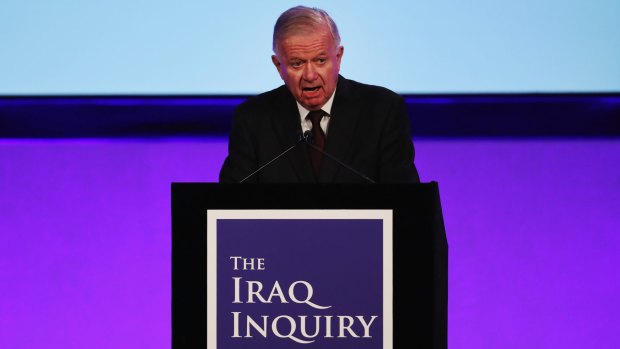 Now: Sir John Chilcot presents the Iraq Inquiry Report in London last week.
