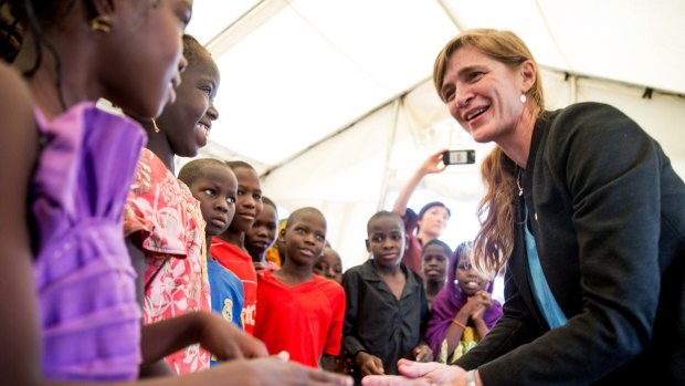 The US ambassador to the United Nations, Samantha Power, meets refugee children  in northern Cameroon.
