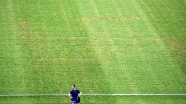A man looks at the pitch appearing to show the pattern of a swastika following the the Euro 2016 qualifying football match.