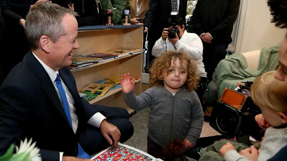Opposition Leader Bill Shorten during a visit to the Ivanhoe Children's Community Cooperative to discuss Labor's childcare plan.
