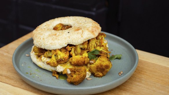 The lush and tangy smokey hummus bagel with cauliflower.