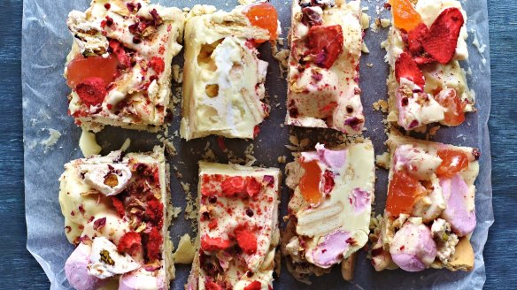 Delightful: White chocolate rocky road dotted with petals and pink peppercorns.