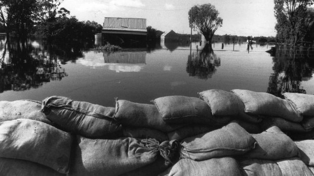 A sandbag wall on the outskirts of Nyngan during the 1990 flood.