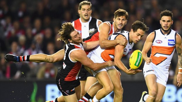 Jack Steven and Koby Stevens epitomised St Kilda's fanatical tackling with this attack on Josh Kelly