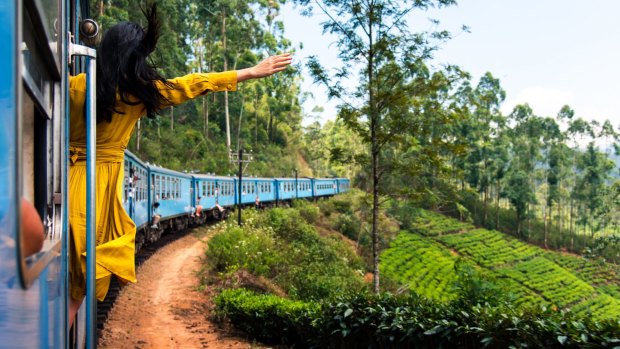 A woman enjoys the train ride through Sri Lanka tea plantations.