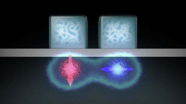 An artist's impression of the two-qubit logic gate device developed by UNSW. Each electron qubit (pictured red and blue) has a "spin", or magnetic field.