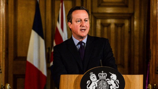 British Prime Minister David Cameron speaks at 10 Downing Street after chairing an emergency Cobra meeting.