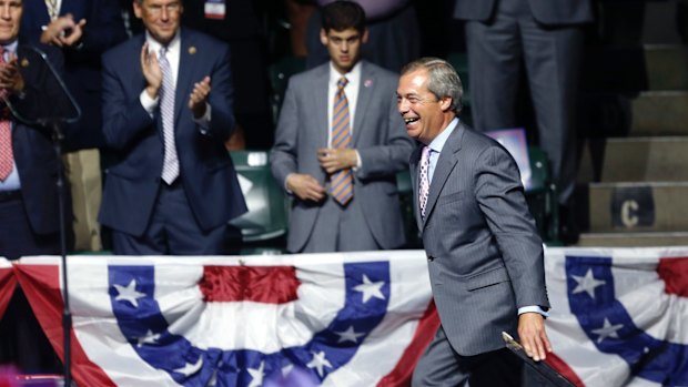 Nigel Farage arrives onstage in Jackson, Mississippi.