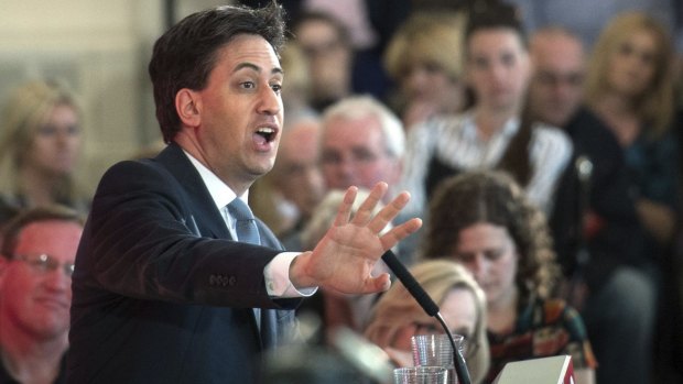 Labour Party leader Ed Miliband answers questions in The Wirral, England.