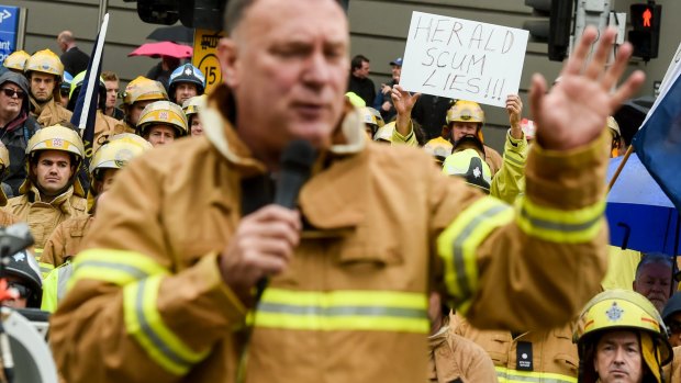 Union secretary Peter Marshall speaks in June at a firefighters' rally over the EBA dispute.