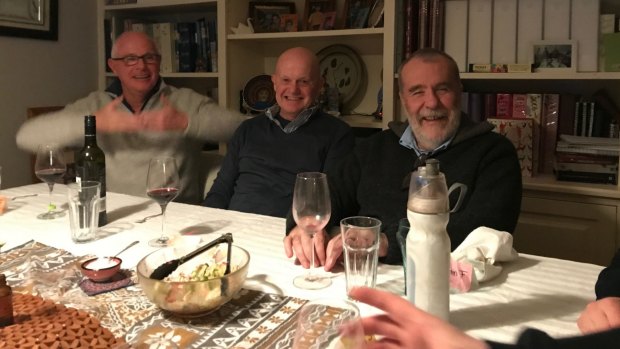 Michael Gordon, John Silvester and Martin Flanagan at dinner in 2017