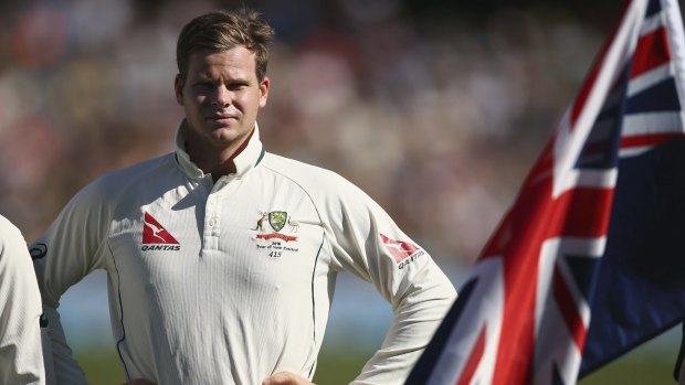 Steve Smith looks on during the anthems during day one of the Test match between New Zealand and Australia at Hagley Oval.