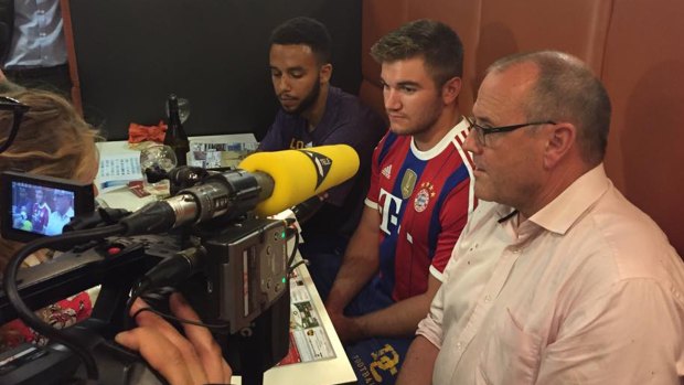 From left to right: Anthony Sadler, Alek Skarlatos and  Chris Norman tell a press conference at Arras City Hall of the events on the Thalys train from Amsterdam to Paris.
