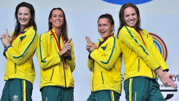 Top guns? The women's medley relay team won Australia's last gold medal at the Tollcross pool.