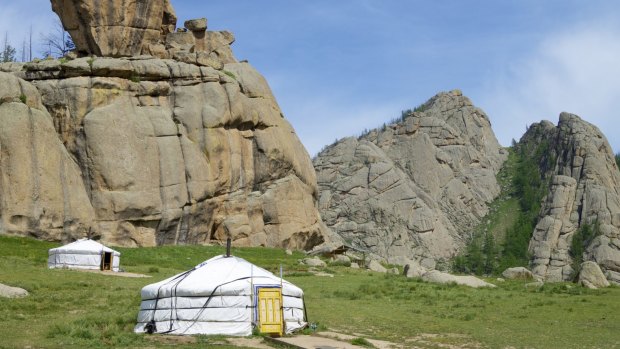 Yurts in field, Gorkhi-Terelj National Park, Mongolia.