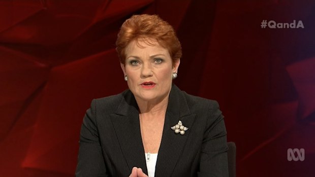 Pauline Hanson, the leader of the One Nation Party, on the ABC's <i>Q&A</i> on July 18.