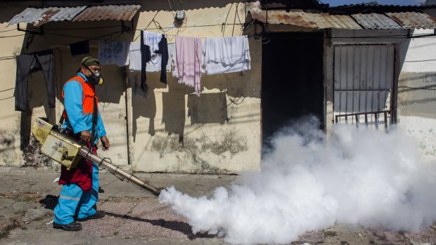 A city worker fumigates to combat mosquitoes that transmit the Zika virus in a community in San Salvador, El Salvador.