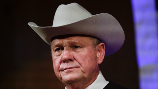 Former Alabama Chief Justice and US Senate candidate Roy Moore speaks at a rally, in Fairhope, Alabama. 