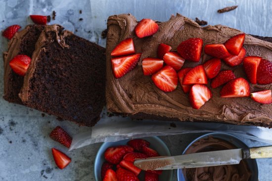 Beetroot chocolate cake with "the world's easiest icing" and fresh strawberries.