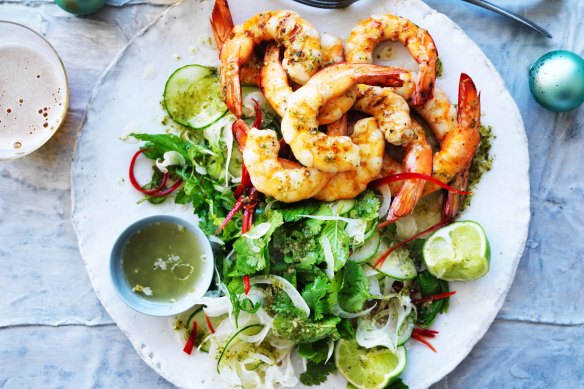 Matt Moran's Christmas barbecued prawns with nam jim dressing.