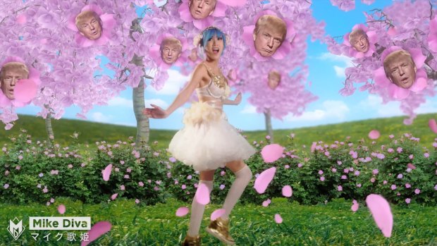 Chloe Doan skips through a field of Donald Trump cherry trees in the fake Japanese campaign video created by Mike Diva.
