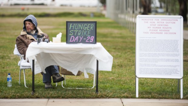 Alexander Miziner is refusing to end a hunger strike outside Parliament House.