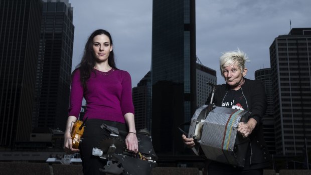 Erica Hediger, left, and Jules Pitts, with her robot Pickasso, are competing in Robowars as part of Sydney's Vivid Festival.