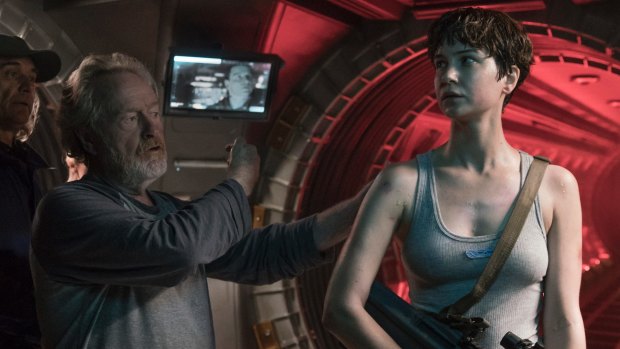 Ridley Scott with Katherine Waterston on the set of <i>Alien: Covenant</i>.