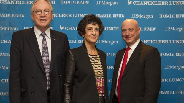 Sir Rod Eddington, Dr Nora Scheinkestel  and AGL's  Andrew Vesey at the AFR's Chanticleer lunch.
