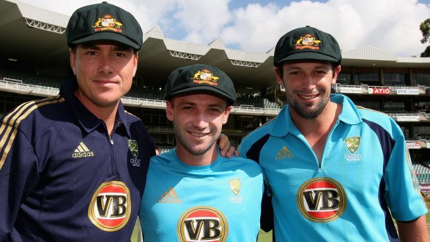 Great day: Marcus North, Phil Hughes and Ben Hilfenhaus after being presented with their Baggy Green Caps in Johannesburg in 2009.`