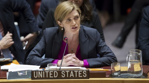 The US ambassador to the UN Samantha Power addresses the UN Nations Security Council, after the council voted on condemning Israel's settlements.