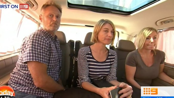 Reporter Tara Brown, centre, sound recordist David Ballment, left, and Sally Faulkner, right, after being released from a Beirut jail.