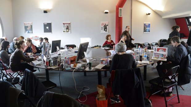 The office at French newspaper <i>Liberation</i> on Friday where journalists prepared the next issue of <i>Charlie Hebdo</i>.